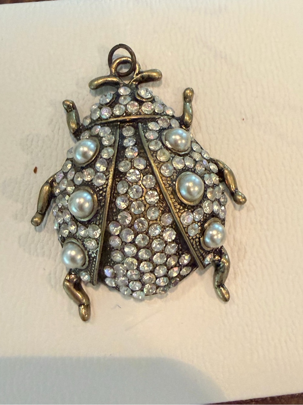 Vintage Crystal & Pearl Beetle Pendant Necklace - Gold-Tone
